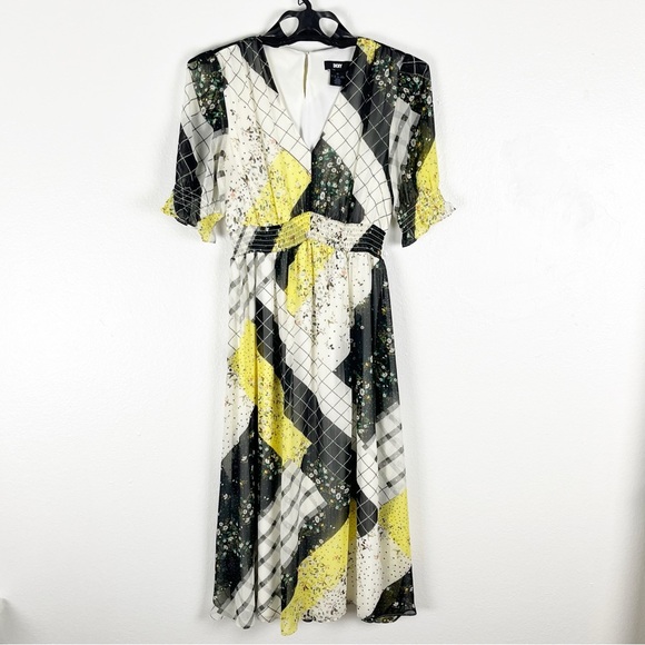 DKNY Multicolored Mixed Prints 3/4 Sleeves Deep V-Neck Lined Dress, Size 4 - Picture 1 of 11